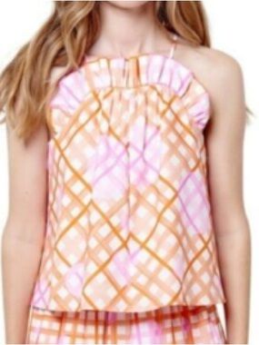 Corey Lynn Calter Pink and Gold Plaid Ruffle Halter Tank